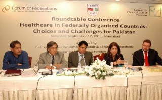 Px17-013
ISLAMABAD: Sep17 – Dr Saba Gul Khattak, Dr Nizam-ud-Din, Dr Mushtaq and Ferdinand Jenrich sitting on the stage during a Roundtable Conference on Healthcare in Federally Organized Countries: Choices and Challenges for Pakistan, organized by Center for Civic Education Pakistan in collaboration with Forum of Federations at a local hotel.
ONLINE PHOTO